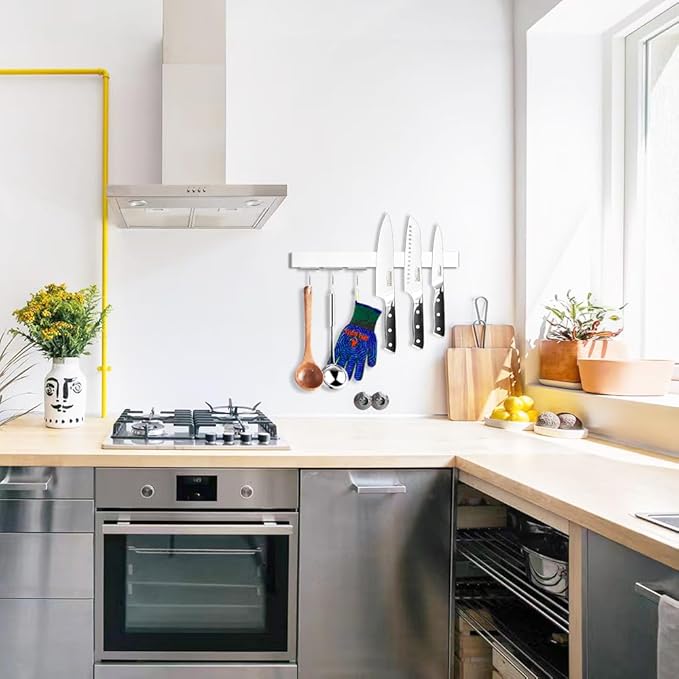 17.5" Magnetic Knife Holder for Wall with Hooks - No Drill Adhesive Mount - 304 Stainless Steel Knife Magnetic Strip-CasaMuseHome