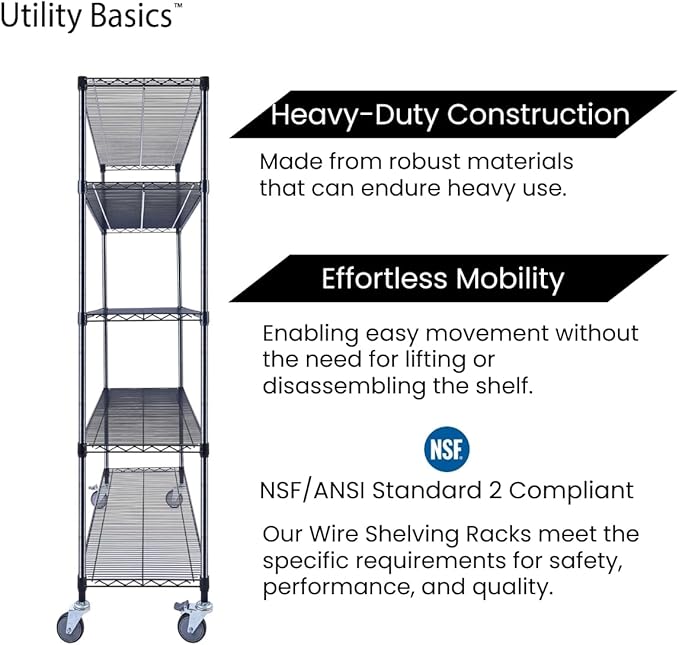 60"x18"x72" Black Premium Metal Steel Wire Shelving 4-Tier NSF 3200 LBS MAX Capacity Heavy Duty Storage Rack for Garages, Commercial Spaces, Hospitals, & Schools w/Premium Wheels-CasaMuseHome