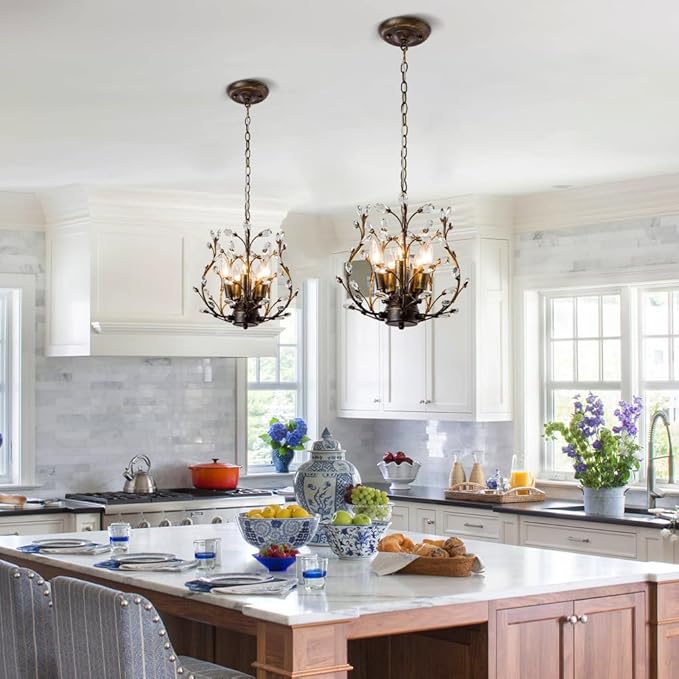 5-Light Vintage Crystal Branch Chandelier Farmhouse Hanging Pendant Light Fixtures for Living Room Dining Room Foyer Kitchen Island Hallway, Aged Bronze-CasaMuseHome