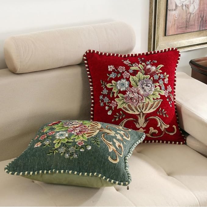 2 Pcs Grey Chenille Vintage Embroidered Throw Pillow Covers 18x18in,Grey Tassel Vintage Pattern Pillow Covers, Floral Embroidered Cushions Covers for Sofa Couch Bed Chairs Car-CasaMuseHome