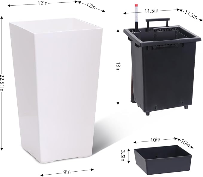 22.5" Tall Planters Set of 2, Outdoor＆Indoor Black Planter Pots, High Front Porch Planter Pots with Drainage Holes＆Water Level Monitor＆Inner Bucket, Automatic Watering, White-CasaMuseHome