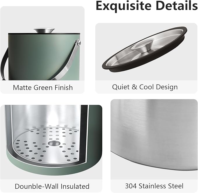 3L Ice Bucket with Silicone Lid, Scoop, Tongs & Strainer, Stainless Steel Double Wall Insulated Ice Buckets for Parties & Cocktail Bar, Outdoor Champagne Ice Container Bin, Dusty Green-CasaMuseHome