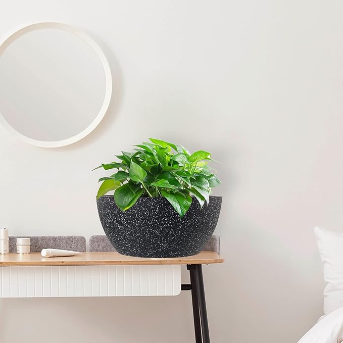 13 inch Large Hanging Planters Plant Pots for Outdoor Indoor Plants with Drainage Holes and Chain, 2 Pack Round Hanging Flower Pots for Garden Home Porch Decor, Speckled Black-CasaMuseHome