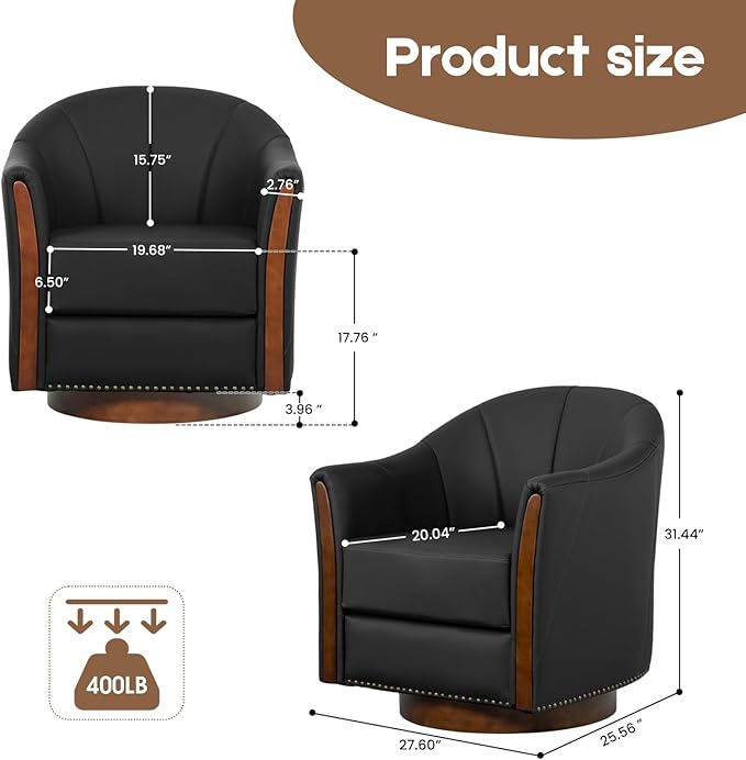 360° Swivel Accent Chair, Modern Leather Barrel Club Chair with PU Leather Upholstery and Sturdy Wood Base, Comfortable Armchair for Living Room, Bedroom, Reading Nook, Black-CasaMuseHome