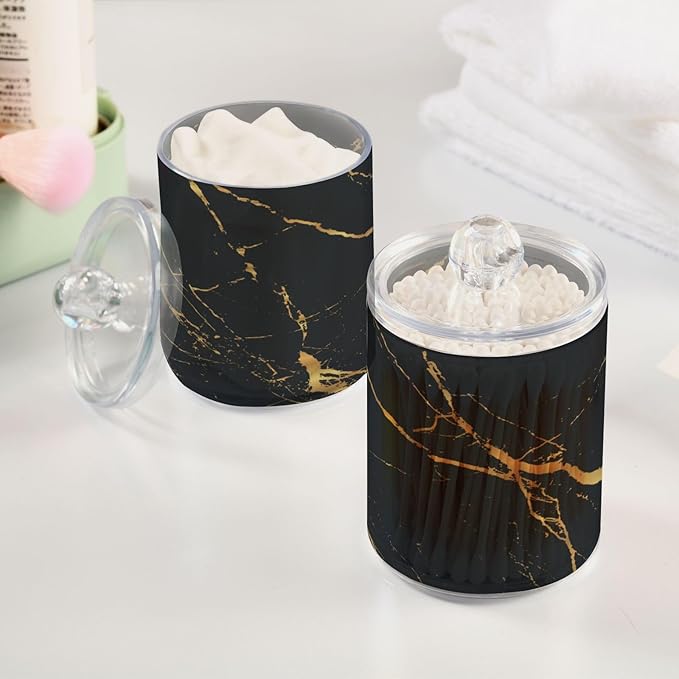 2 Pack Qtip Holder Organizer Dispenser Gold Black Marble Texture Bathroom Storage Canister Cotton Ball Holder Container for Cotton Pads/Swabs/Floss-CasaMuseHome