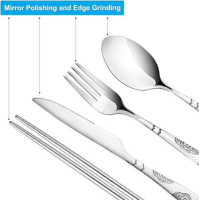 20PCS Premium Travel Utensils With Case, Stainless Steel Reusable Portable Utensils Set With Case, Lengnoyp Travel Silverware Set With Case for Lunch Box Camping, Silver-CasaMuseHome