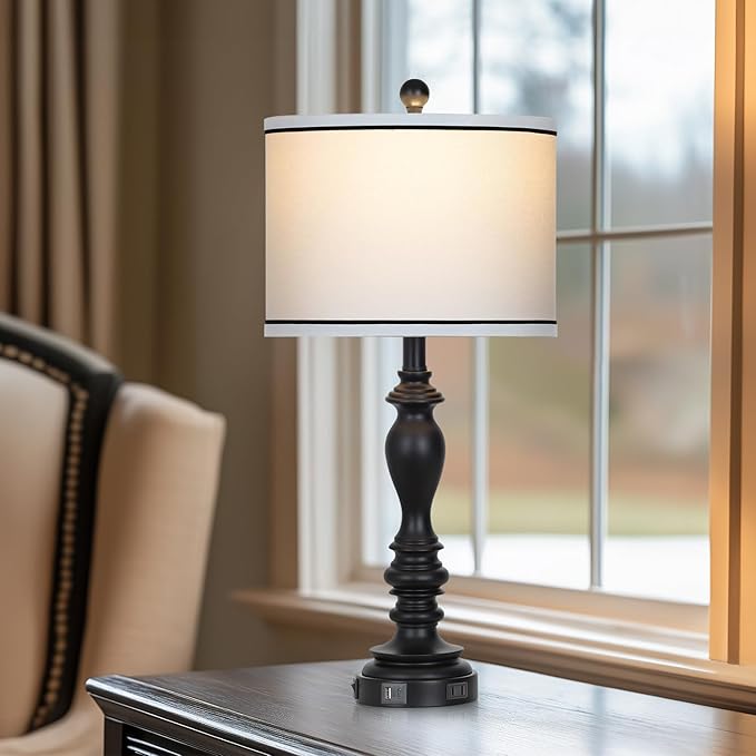 27.5" Farmhouse Table Lamp for Living Room, Black Lamps Set of 2 with USB A+C Ports, Mid Century Tall Table Lamp for Bedroom, Bedside Lamps for Night Stands(2 Bulbs Included)-CasaMuseHome