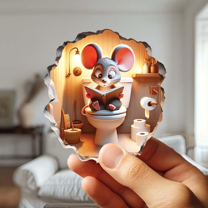 3D Mouse Sitting on Toilet - Mousehole Wall Sticker Decal - Removable Bathroom Decor - Kids Room - Peel & Stick - Whimsical Home Decor - MICESTERPIECE-CasaMuseHome