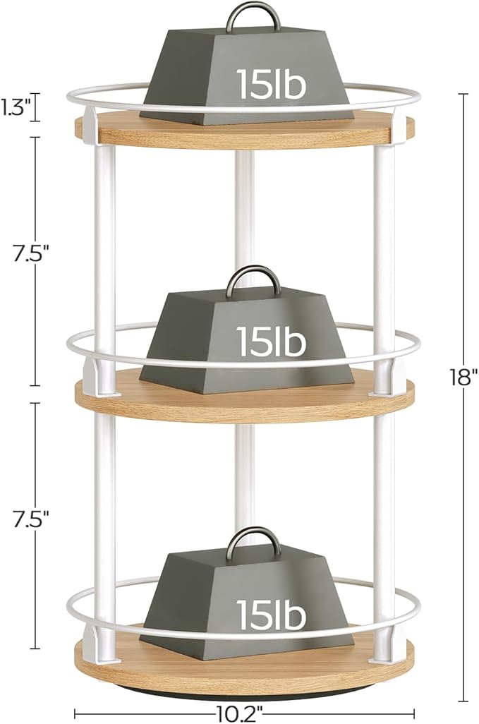 3-Tier Lazy Susan Organizer, Rotating Spice Rack, Spinning Organizer, Industrial Turntable Spice Rack Organizer for Cabinet, Kitchen Countertop, Pantry, White and Natural SR23WN-CasaMuseHome