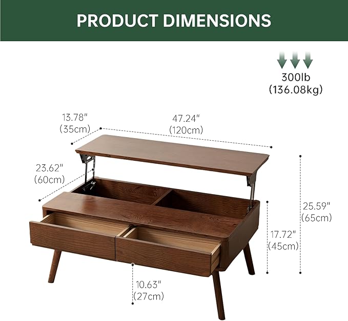 100% Solid Wood Lift Top Coffee Table for Living Room, Mid Century Modern Tables with Drawers and Large Storage, Oak Wood Coffee Tables for Small Spaces (Oak Walnut Color, 47.24"W x 23.62"D x 25.59"H)-CasaMuseHome