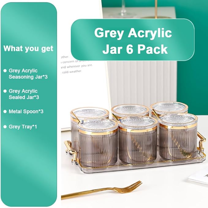 Acrylic Condiment Spice Jars,Condiment Spice Box With Lids and Spoons and Tray,Clear Plastic Condiment Canisters,Seasoning Box 6 Pack,Seasoning Box Set for Kitchen to Storage Salt,Paprika,Sugar-CasaMuseHome