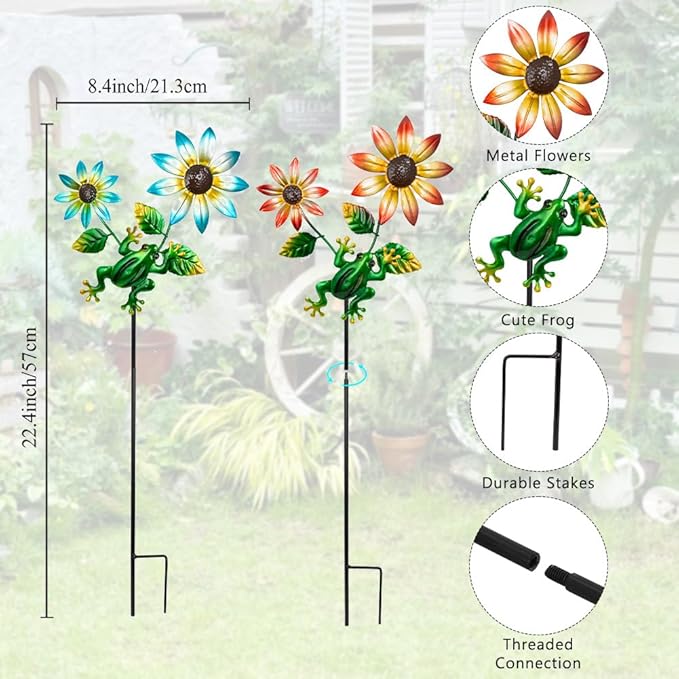 3 Pack Frog＆Flowers Garden Stakes Decor,Metal Yard Art Decorative Garden Stakes,Metal Flowers Spring Outdoor Decor for Mom,Women,Grandma-CasaMuseHome