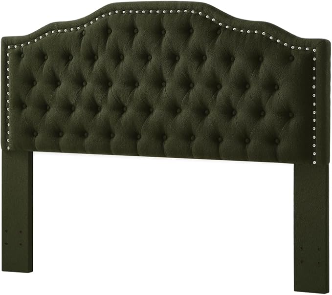 24KF Upholstered Button Tufted Queen Headboard with Nailhead Trim, Elegant Boucle Fabric Full headboard, 6031-Q-Boucle-Dark Green-CasaMuseHome