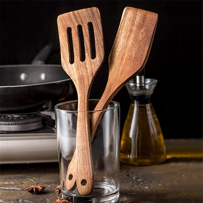 7 Pcs Acacia Wood Cooking Utensils Set Large Wooden Spoons for Cooking Spatula Salad Mixing Spoon Non Toxic Utensil for Kitchen Use Spatulas Non Stick Turner Slotted Serving Spoon Kitchen Utensils-CasaMuseHome