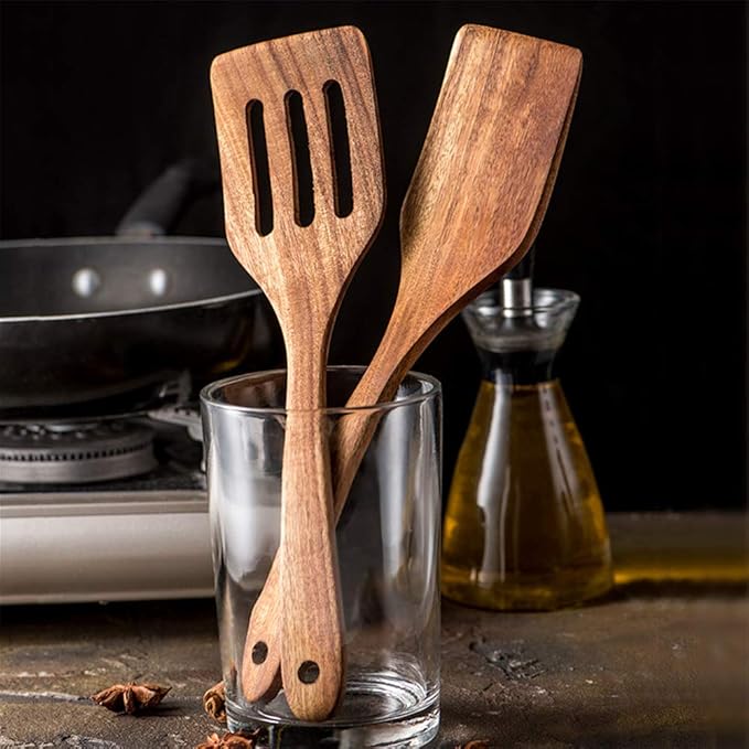 5 Pcs Best Wooden Spoons for Cooking Kitchen Utensils Set Acacia Wood Cooking Spatula Turner Non Toxic Utensil Slotted Serving Spoon Flat Spatulas Set Wooden Utensis Mixing Cooking Spoon Kitchen Tools-CasaMuseHome