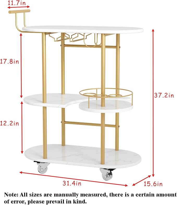 3 Tier Gold Bar Carts for Home Bar Serving Cart with Wheels, Heavy Duty Bar Wine Cart with Storage Shelves, for The Living Room, Kitchen, Bar, Party-CasaMuseHome