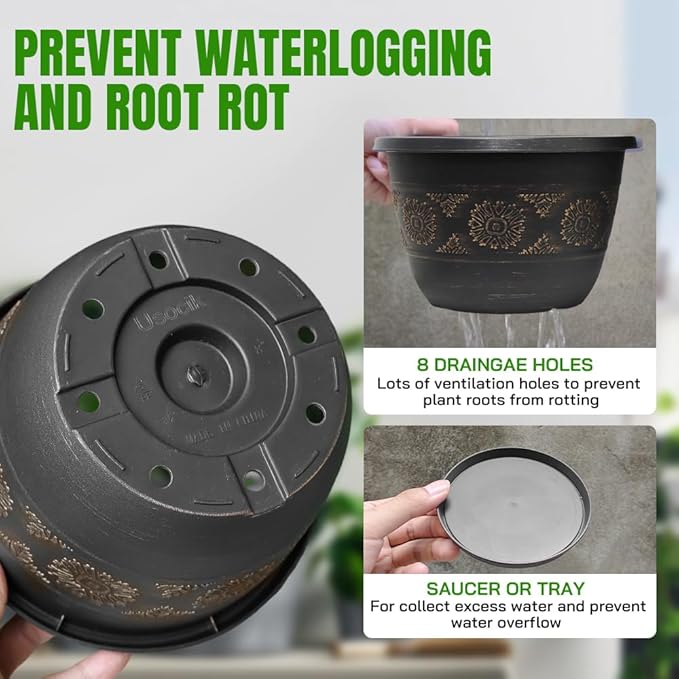 4 Pack 10 inch Plant Pots, Retro Pattern Planters with Drainage Holes and Saucer, Sturdy Plastic Garden Flower Pots for Indoor & Outdoor Plants-CasaMuseHome