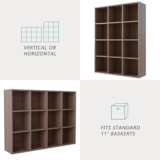 12-Cube Storage Shelf Bookcase - Wooden 3-Tier Floor Standing Open Bookshelf for Home and Office, Cuby Orgainzer, Walnut-CasaMuseHome