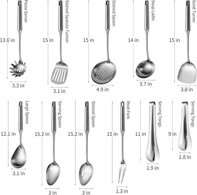 304 Stainlss Steel Kitchen Utensils Set, 11 Pcs Long Metal Cooking Utensil Gadgets Tools Set with Spatula, Ladle, Spoon, Ladle, Skimmer, Tunner, Pasta Server, Tongs(Silver, Dishwasher Safe)-CasaMuseHome