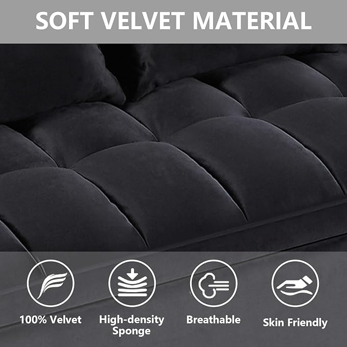 3 in 1 Convertible Sleeper Sofa Bed,Futon Loveseat Couch with Pull-Out Bed & Adjustable Backrest,Velvet Fabric Sofa with Side Pocket for Small Apartment, Living Room, Office (Black)-CasaMuseHome