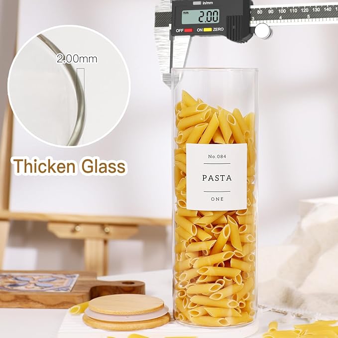 4 Pack Glass Jar with Airtight Wood Lid and White 132 Kichen Pantry Labels Preprinted - 38 Oz Clear Round Glass Food Storage Containers set For Cereal Rice Sugar-CasaMuseHome