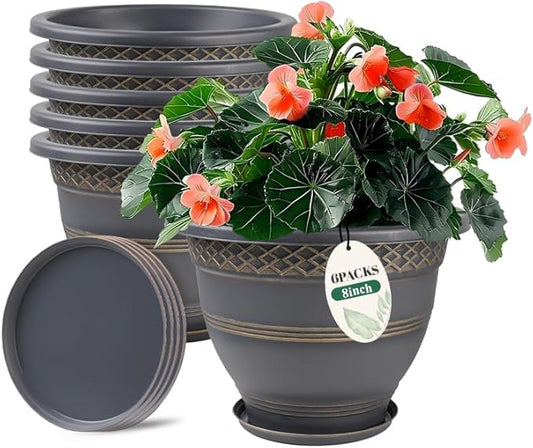 6 Pack 8 Inch Plant Pots, Plastic Flower Pot for Indoor & Outdoor with Drainage Holes & Saucer, Plaid Pattern Planters Garden Pots for Herbs-CasaMuseHome