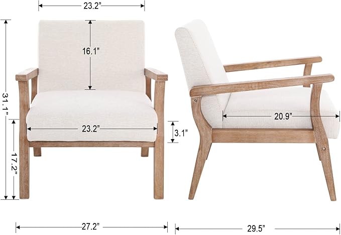 Accent Chair Mid Century Modern Armchair, Linen Upholstered Living Room Accent Armchair with Wood Frame, Farmhouse Chair Indoor Corner Chair for Living Room Bedroom, Ivory-CasaMuseHome