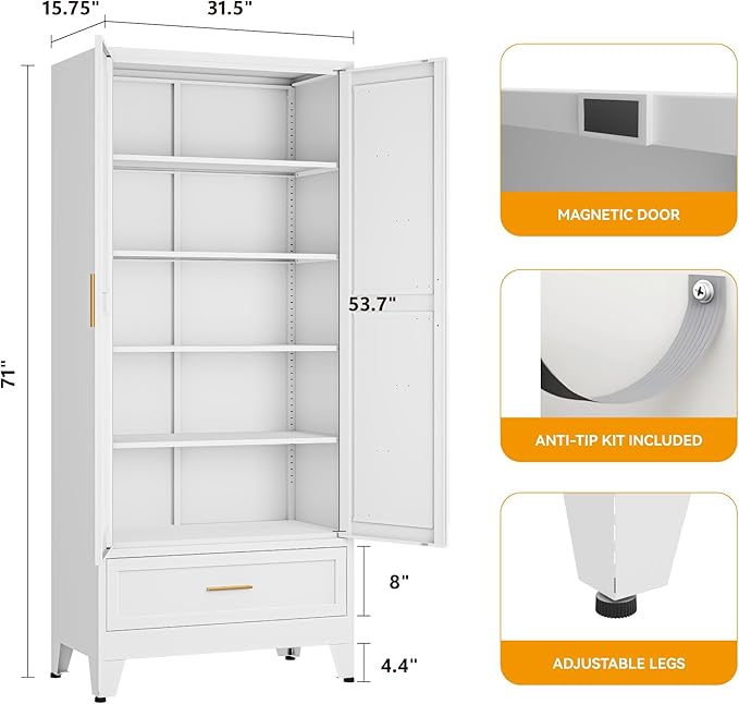 71 "Farmhouse Metal Filing Cabinet with a Drawer and 4 Adjustable Shelves, with 2 Large barn Door White Kitchen Cabinets, Metal Food Cabinets for Home, Kitchen, Dining/Living Room (White)-CasaMuseHome