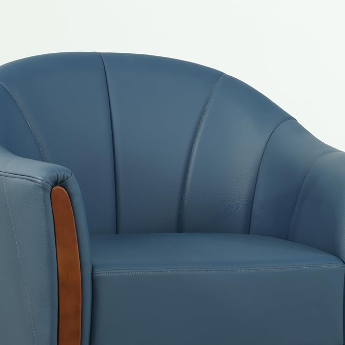 360° Swivel Accent Chair, Modern Leather Barrel Club Chair with Leather Upholstery and Sturdy Wood Base, Comfortable Armchair for Living Room, Bedroom, Reading Nook, Blue-CasaMuseHome