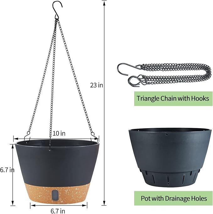 2 Pack Hanging Planters for Indoor Outdoor Plants, 10 Inch Hanging Flower Pot Basket with Drainage Hole with Removable Tray&Hooks Self Watering Plant Pot for Hanging Plants, Dark Grey-CasaMuseHome