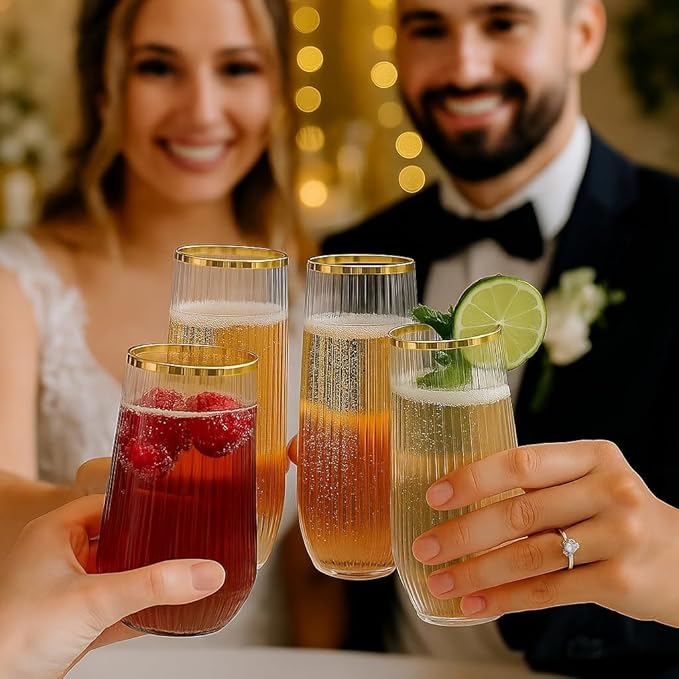 24 Pack Ribbed Origami Ripple Plastic Glasses, 12-9 Ounce Stemless Champagne Flutes & 12-12 Ounce Cups, BPA-Free Disposable Shatterproof Toasting Glasses for Weddings, Bars, and Events (Gold Rim)-CasaMuseHome