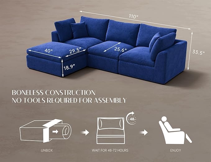 110" Cloud Sectional Couches for Living Room, Boneless L-Shape Couch with Ottoman, 3 Seater Modular Sectional Sofa, Blue-CasaMuseHome