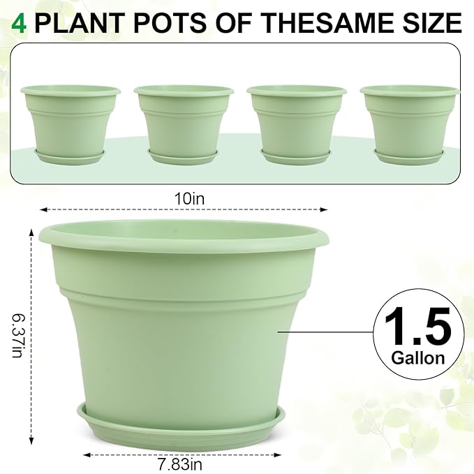 10 Inch Plastic-Flower-Pot-for-Indoor-Plants, 4 Pack Large Outdoor Planter Pot with Drainage Holes & Saucers, Resin Decorative Garden Pots Planters-CasaMuseHome
