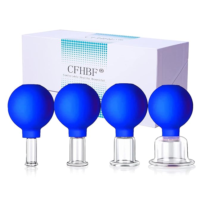 4 Size Facial Cupping Therapy Set Glass, Eye Face Vacuum Massage Anti Cellulite Cup - Silicone Cupping Massage Therapy, for Beauty Body Cup Fascia Massager (Gift Box Packaging-Blue)-CasaMuseHome