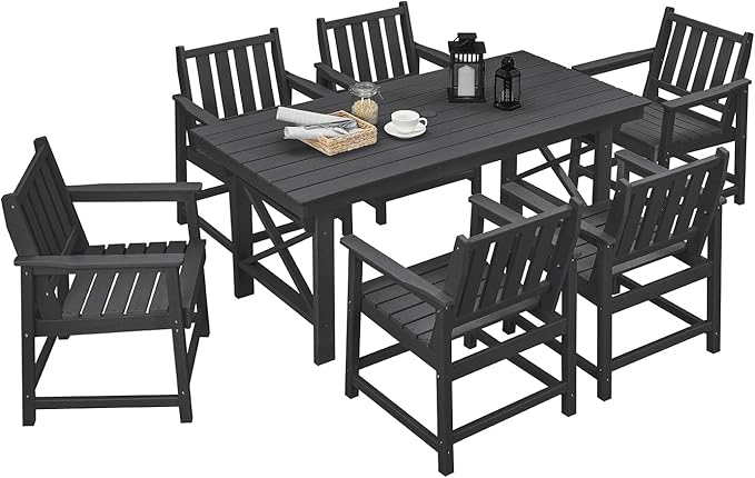 7 Pieces HDPE Outdoor Dining Set, Patio Dining Set with Umbrella Hole, All Weather Outdoor Dining Table Sets for 6, HDPE Patio Furniture Sets for Deck, Backyard, Lawn, and Poolside, Obsidian-CasaMuseHome