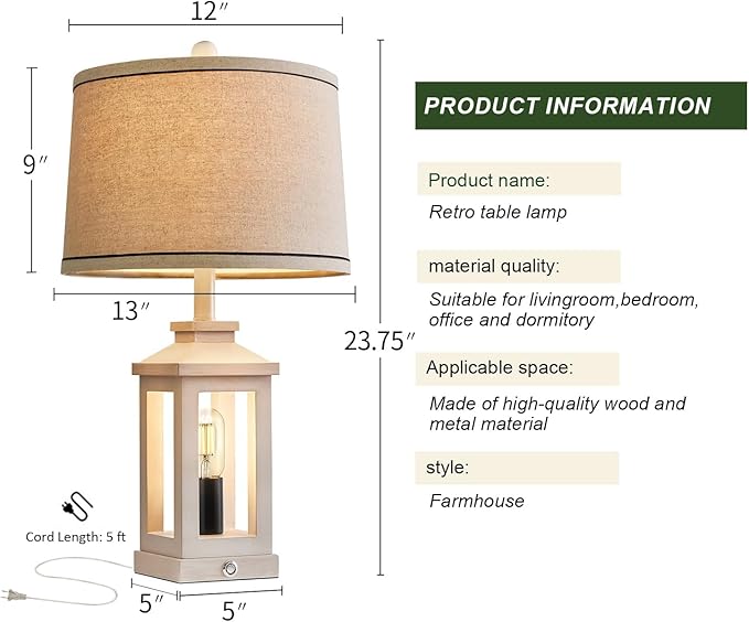 23.75" Retro Farmhouse USB C+A Ports Table Lamp Set of 2 with 3 Way Dimmable Touch Control White Nightlight Vintage Modern Lamp for Living Room Bedroom with 2 Light Sources-CasaMuseHome
