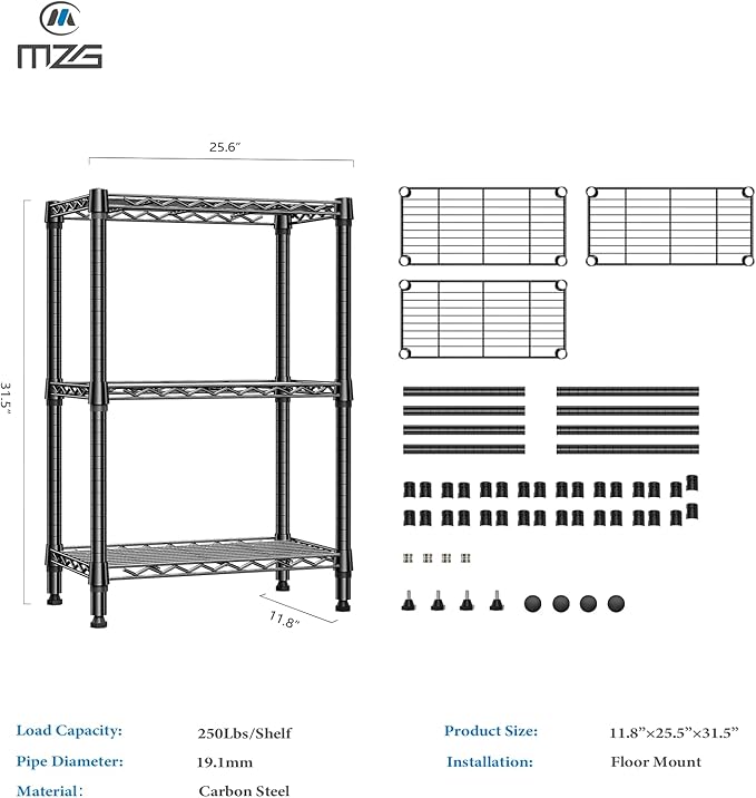 750 lbs 3 Tier Shelf Metal Storage Shelves Wire Rack Closet Organizers for Garage Kitchen Bathroom Laundry Black 11.8" D x 25.6" W x 31.5" H-CasaMuseHome