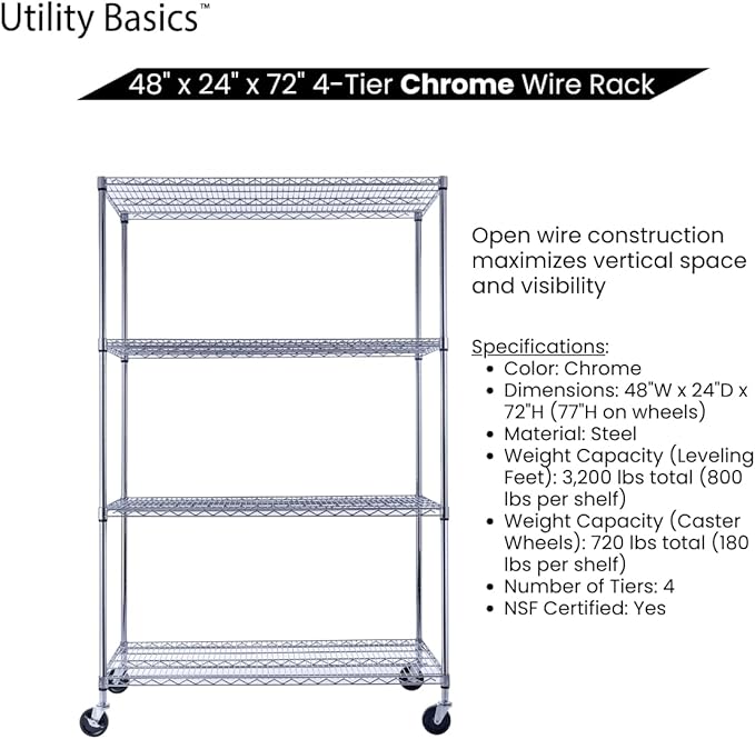 48"x24"x72" Chrome Premium Metal Steel Wire Shelving 4-Tier NSF 3200 LBS MAX Capacity Heavy Duty Storage Rack for Garages, Commercial Spaces, Hospitals, & Schools w/Premium Wheels-CasaMuseHome