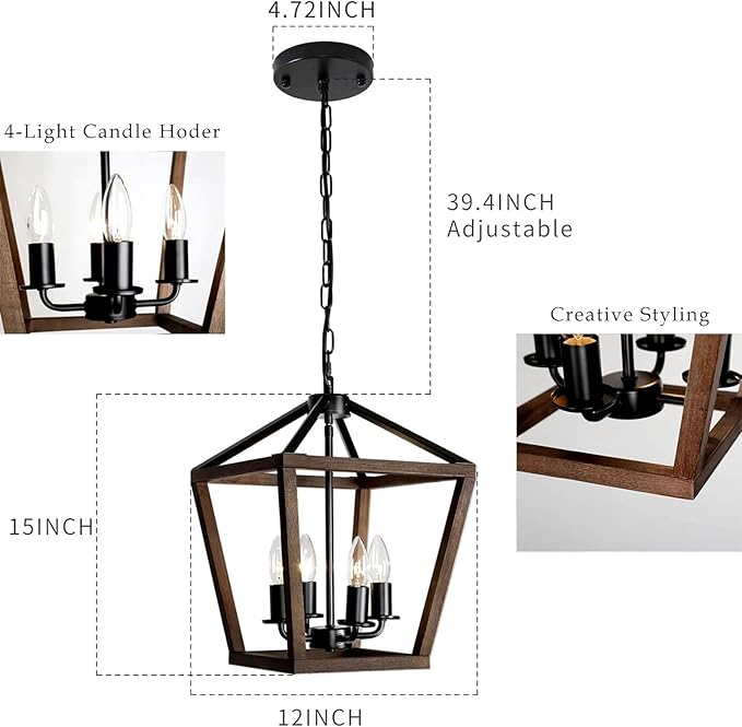 4-Light Lantern Pendant Light,Black Wood Cage Farmhouse Chandelier for Kitchen Island,12'' Rustic Metal Geometric Hanging Lighting Fixture for Kitchen Island Dining Room Bedroom Foyer Entry-CasaMuseHome