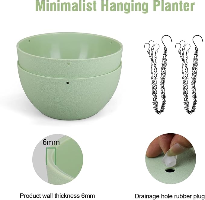 8 inch Small Hanging Planters Plant Pots for Indoor Outdoor Plants, 2 Pack Hanging Flower Pots with Drainage Holes and Chain for Garden Porch, Plastic Hanging Baskets for House Plants, Green-CasaMuseHome