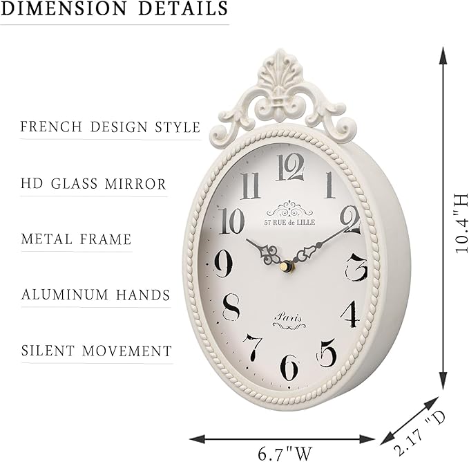 Abdurey Small French Retro Decorative Wall Clock, Ivory White Vintage Oval Style,Silent Battery Operated Boho Decor Wall Clocks for Farmhouse,Kitchen,Bedroom,Bathroom(10.4" H x 6.7" W)-CasaMuseHome