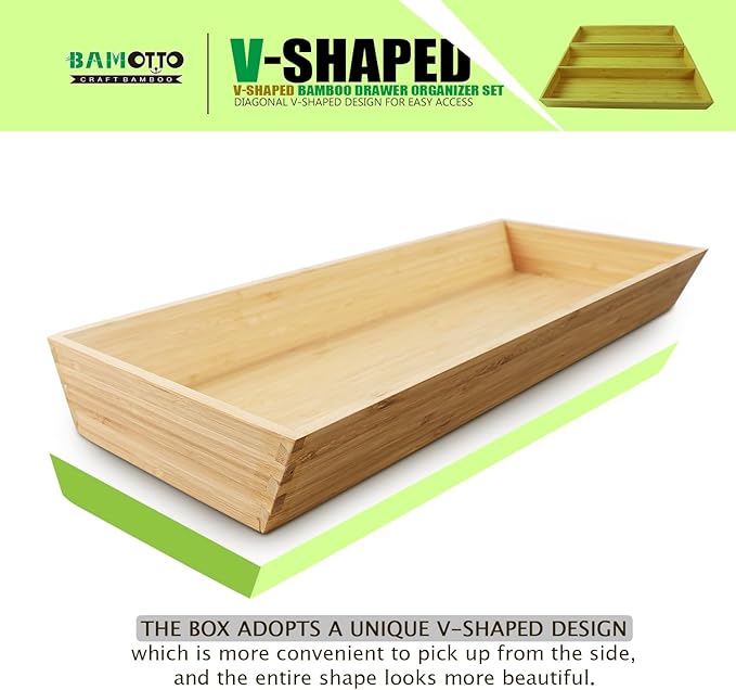 2-Piece V-Shaped Bamboo Drawer Organizer - Ideal for Kitchen's Large Long Tableware, Cooking Utensils, Flatware, Silverware - Wood Storage Box for Home, Bedroom, Bathroom (19.6"x12.4" & 19.6"x7.8")-CasaMuseHome