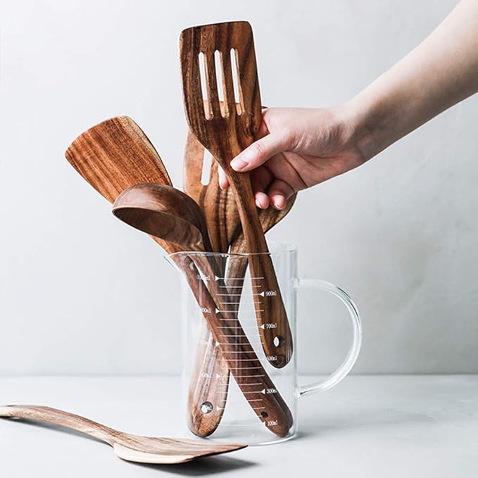 5 Pcs Best Wooden Spoons for Cooking Kitchen Utensils Set Acacia Wood Cooking Spatula Turner Non Toxic Utensil Slotted Serving Spoon Flat Spatulas Set Wooden Utensis Mixing Cooking Spoon Kitchen Tools-CasaMuseHome