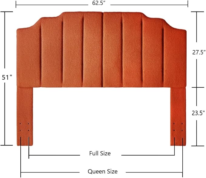 24KF Orange Teddy Fabric Tufted for Queen Upholstered Headboard, Modern Vertical Channel Design Full Headboard with Stepped Silhouette Top Edge,6026-Q-Teddy Orange-CasaMuseHome