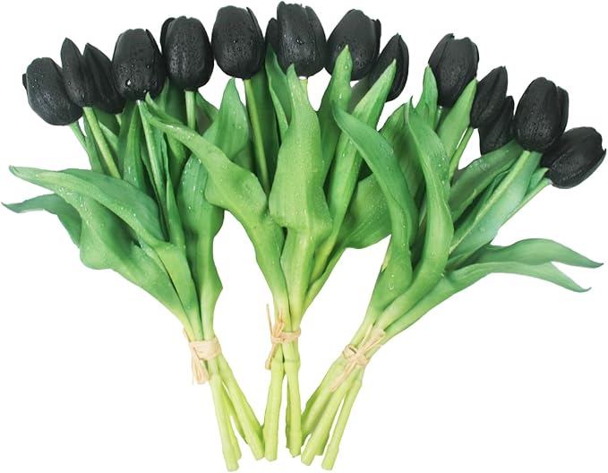 15pcs Artificial Tulips Flowers, Fake Tulips Real Touch, Faux Latex Tulips Bouquets, for Party Wedding Home Room Decoration (Black)-CasaMuseHome