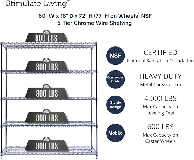 60"x18"x72" PRIME HEAVY DUTY Chrome 5-Tier Wire Shelving 4000 LBS MAX Capacity Storage Rack for Commercial, School, Home, Garage, Warehouse, Industrial, and Hospital Uses (with Wheels)-CasaMuseHome