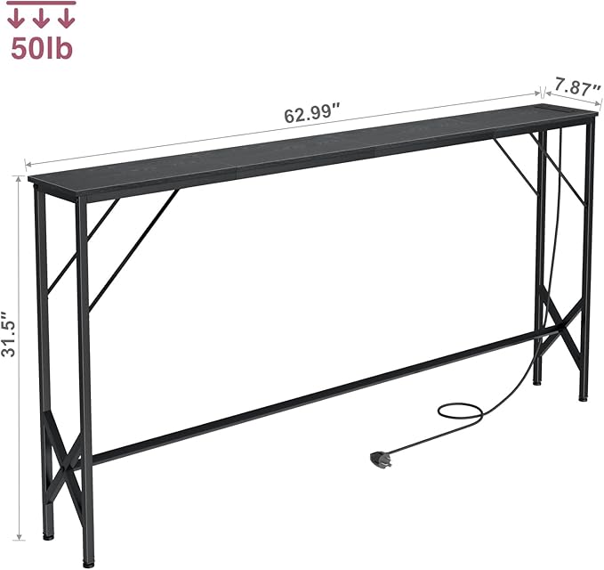 63'' Console Table, Skinny Entryway Table with Fast-Charging Station, Narrow Long Sofa Table, Behind Slim Couch Table for Entrance, Hallway, Living Room Decor ST-BK160-1-CasaMuseHome