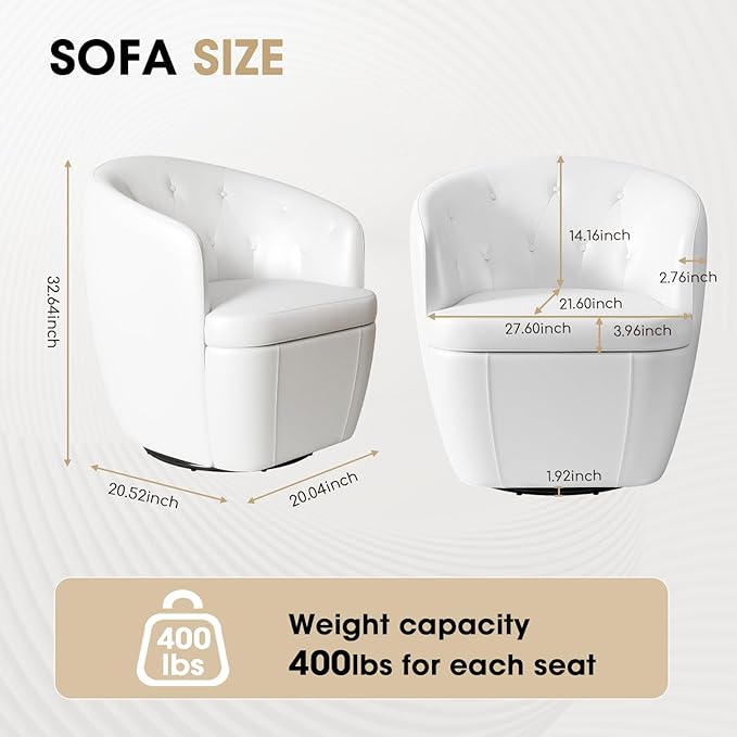 360° Swivel Leather Accent Chair, Modern Barrel Club Chair with Leather Upholstery and Sturdy Base, Comfortable Armchair for Living Room, Bedroom, Reading Nook, White-CasaMuseHome