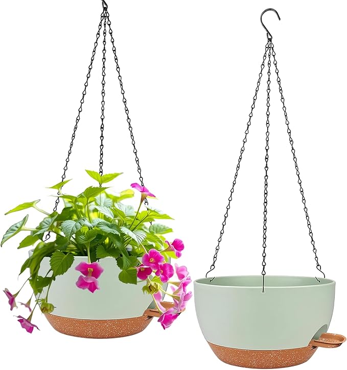 2 Pack Hanging Planters for Indoor Outdoor Plants, 12 Inch Self Watering Hanging Pot with Drainage Holes and Saucer, Plastic Plant Pots, Green Brown Flower Pots for Kitchen, Balcony, Garden-CasaMuseHome