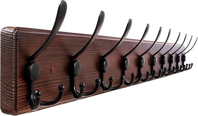38.6'' Large Coat Rack Wall Mount Coat Hooks Coat Hanger with 10 Metal Black Triple- Hooks Brown Pine Real Wood Plank Hat Rack for Wall Hooks for Hanging Coat Hat Jacket-CasaMuseHome